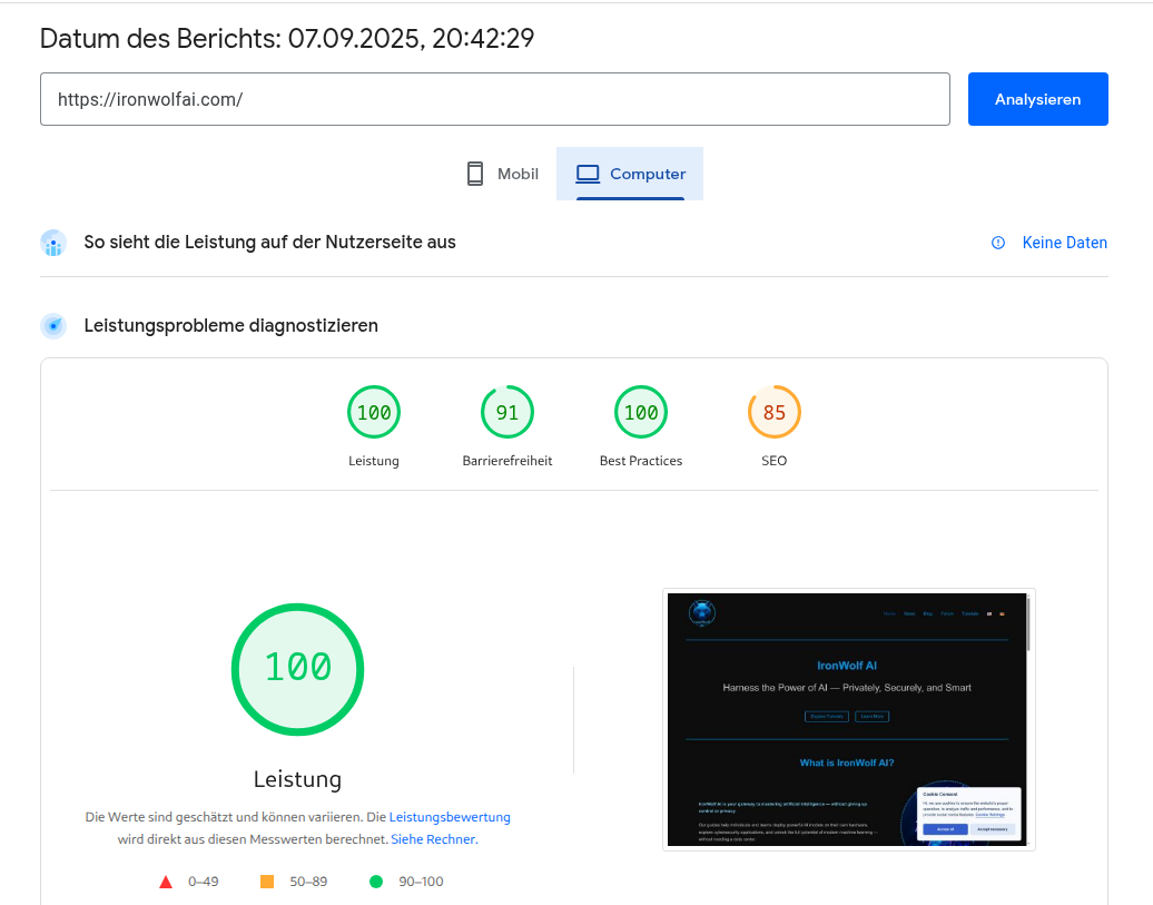 IronWolf AI Performance Improvement - PageSpeed scores increased from 84 to 100